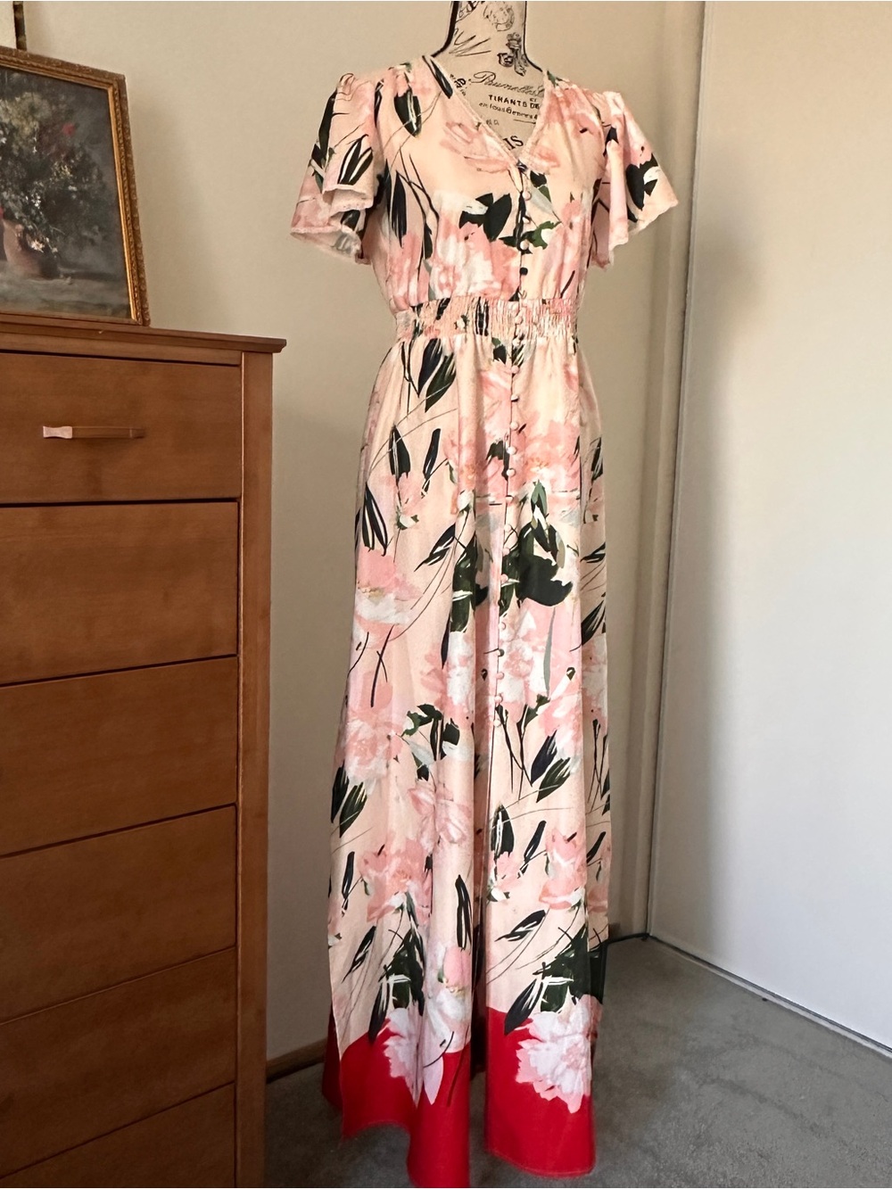 Alexia Admor Floral Maxi Dress Pink Red V-Neck Short Sleeve Size 2